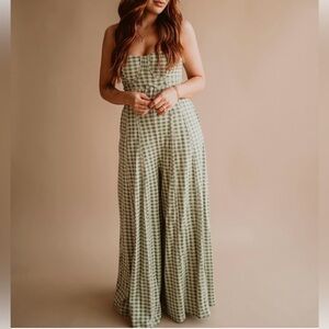 Free People Hold Me Tight Jumpsuit Small NWOT Green Gingham